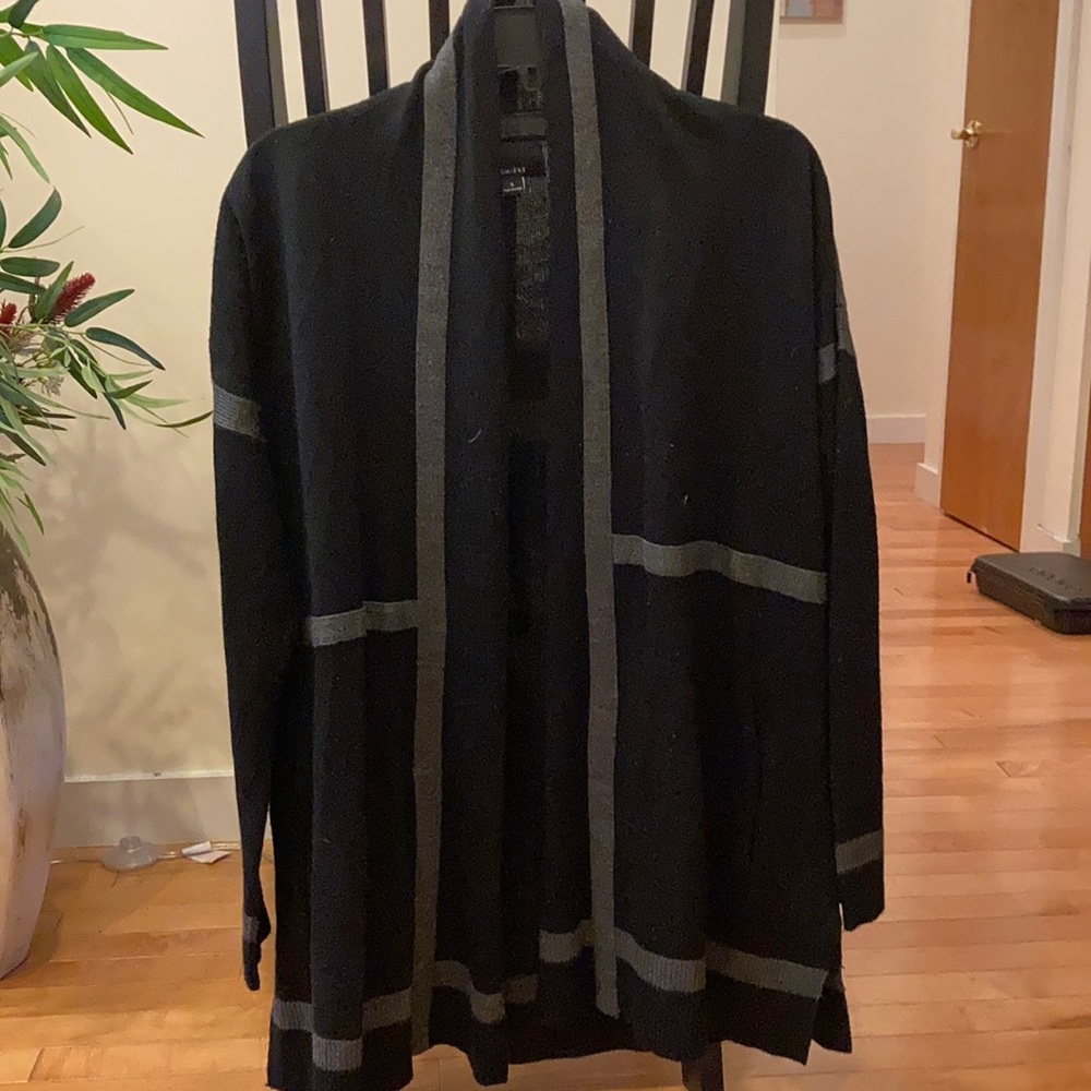 Black and grey open front sweater